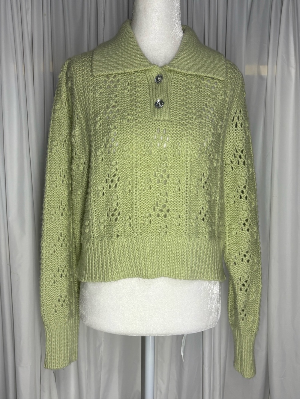 Wayf Light Green Openwork Knit Polo Sweater Size M